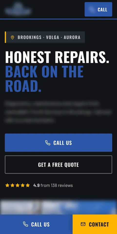 Phone view of a tire shop website we built, with the name and number blurred