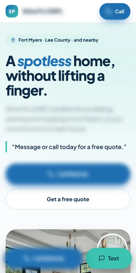 Phone view of a house cleaning website we built, with the name and number blurred