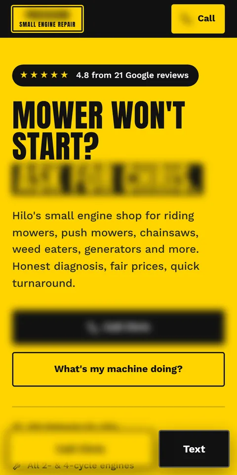 Phone view of a small engine repair website we built, with the name and number blurred