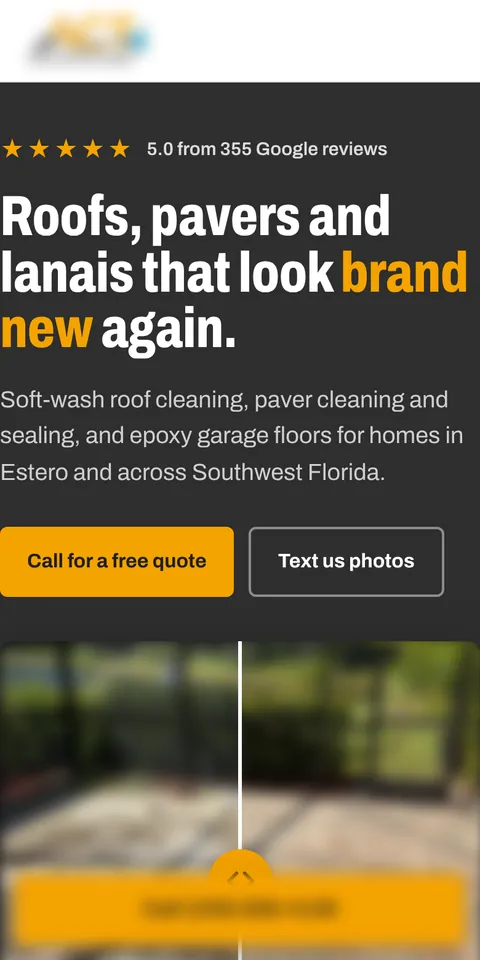 Phone view of a roof and paver cleaning website we built, with the name and number blurred