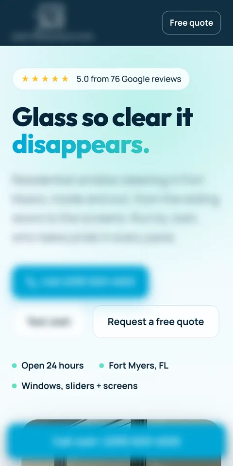 Phone view of a window cleaning website we built, with the name and number blurred