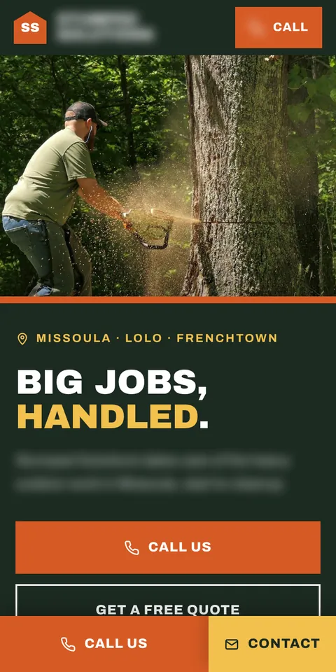 Phone view of a tree service website we built, with the name and number blurred
