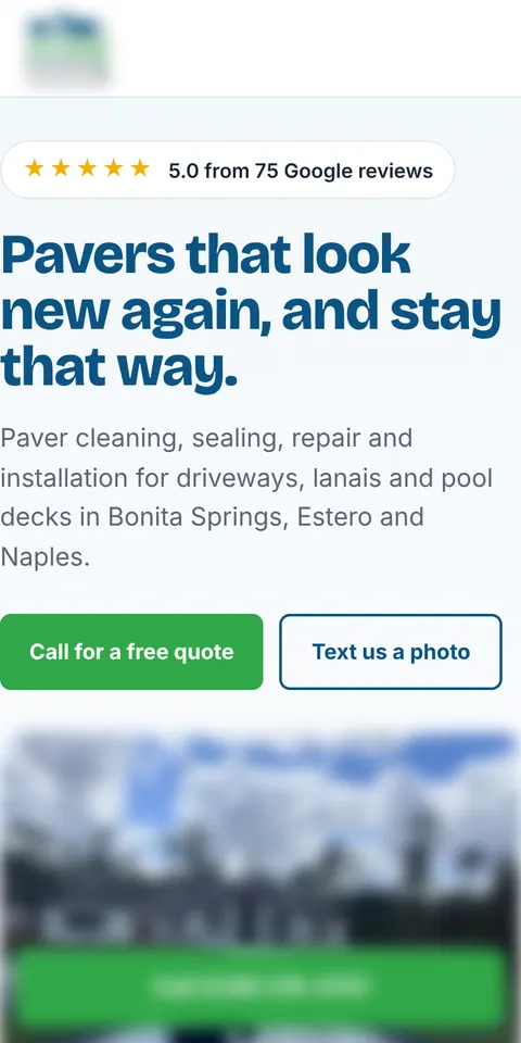 Phone view of a paver sealing website we built, with the name and number blurred