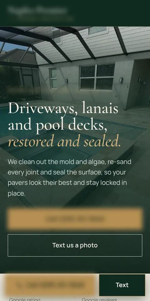 Phone view of a driveway and pool deck sealing website we built, with the name and number blurred
